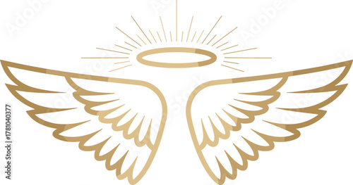 Tableau sur toile Elegant golden angel wings with radiant halo, minimalist spiritual symbol, divin