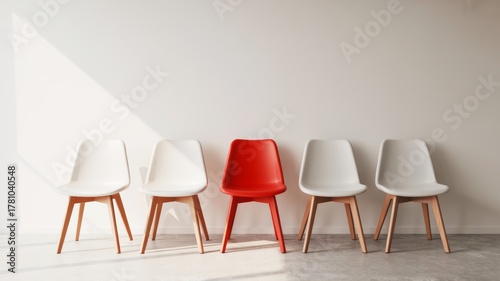 A minimalist setting features five chairs, four in white and one in bold red, arranged against a neutral wall, highlighting color contrast and modern design.