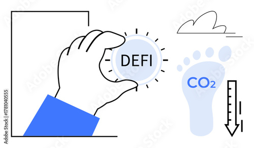 Hand holding DeFi token, carbon footprint, CO2, thermometer indicating reduction, cloud. Ideal for blockchain, sustainability, finance, climate change innovation eco-efficiency digital economy