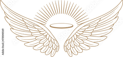 Elegant golden angel wings with radiant halo, minimalist spiritual symbol, divine line art illustration, heavenly abstract design on white background