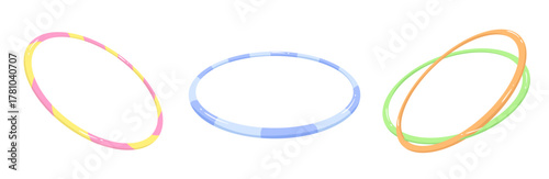 Set of Hula Hoops with different angles and colors isolated on white background. Exercise equipment for home workout, activity, active lifestyle. Flat vector illustration.