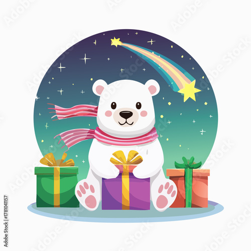 Cute polar bear with a scarf, surrounded by holiday gifts under a magical night sky with a shooting star and northern lights, vector illustration