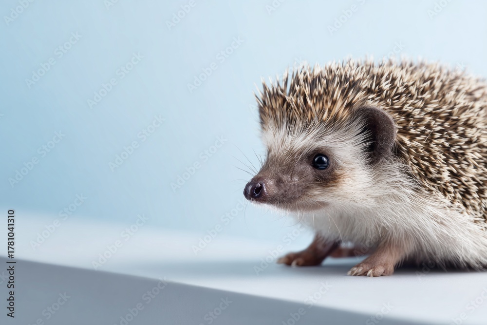 Fototapeta premium A small hedgehog is sitting on a soft pastel background, its quills and round face highlighting its charm. The peaceful scene captures a moment of curiosity and wonder