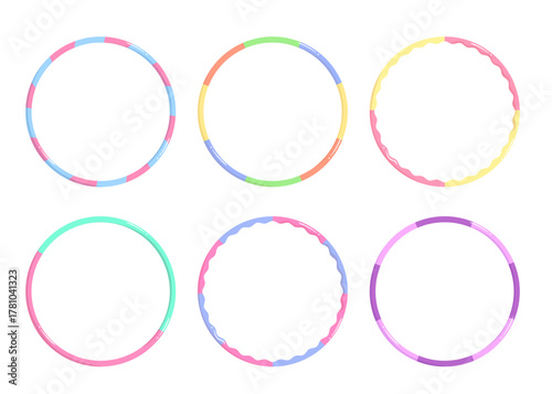 Bundle of various colors Hula Hoop isolated on white background. Exercise equipment of home workout, healthy lifestyle, fun activity. Flat vector illustration.
