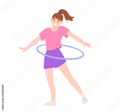 Cheerful woman is twirling hula hoops around her waist. Active healthy lifestyle. Concept of home workout, daily exercise, movement. Flat vector illustration.