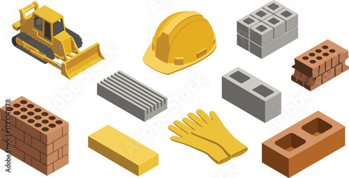 Isometric construction equipment illustration with bulldozer, safety helmet, gloves, bricks, pipes, and building materials isolated on white background