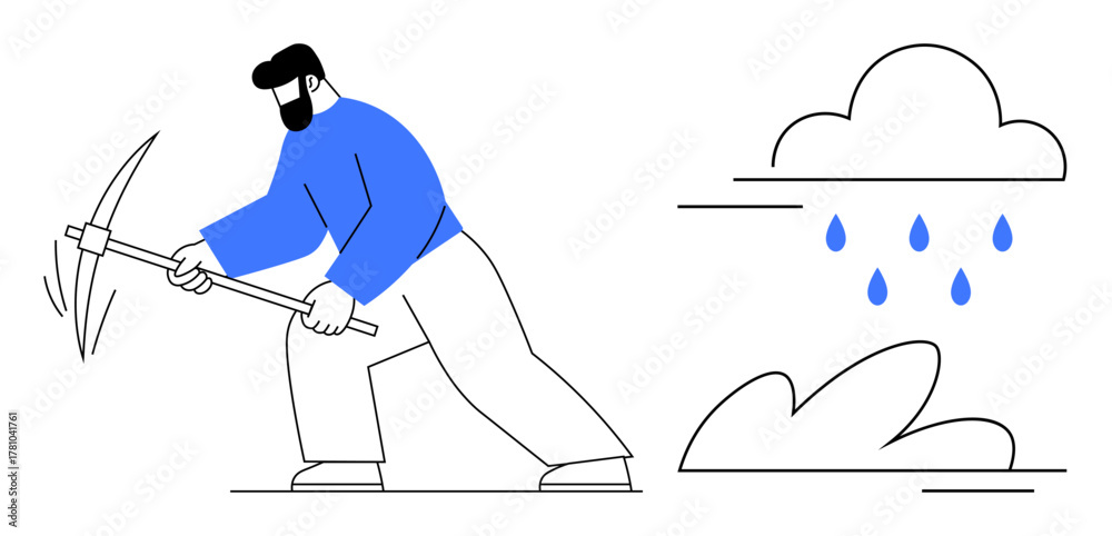 Ταπετσαρία Person in blue shirt using pickaxe, digging ground near cloud with raindrops
