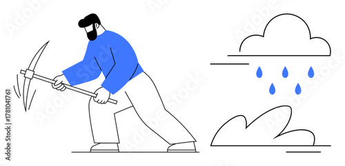 Person in blue shirt using pickaxe, digging ground near cloud with raindrops. Ideal for agriculture, labor, weather, preparedness, environment, sustainability effort. Simple flat metaphor