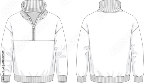 Half zip sweatshirt front and back view, casual fashion pullover design, unisex winter wear template, CAD drawing, flat vector illustration