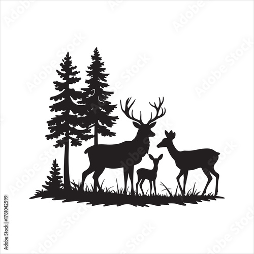 Black silhouette of deer family and pine trees fawn illustration
