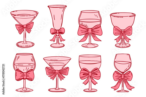 Hand drawn drinkware with decorative pink bows set. Collection of elegant pink cocktail and wine glasses with bows. Sketch