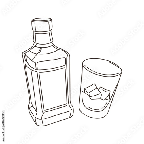Whiskey bottle and glass with ice cubes on white background. Line drawing. Illustration.