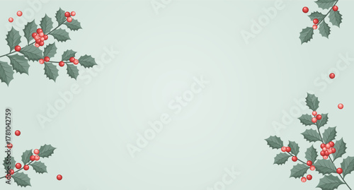 Christmas background with holly berry branches. Festive frame with holly berry on a soft green background. 