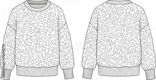 Patterned sweatshirt front and back view, abstract texture design, cozy casual fashion outfit, ribbed cuffs and hem, CAD drawing, flat vector illustration