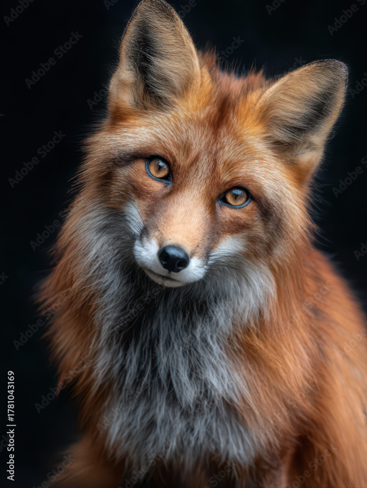 Fototapeta premium Portrait of a red fox, isolated on black background