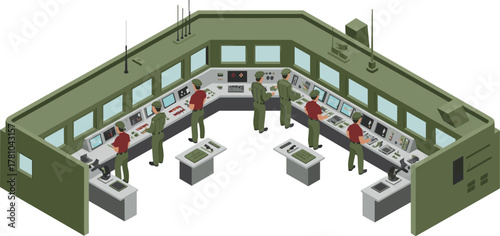 Isometric military control room with officers monitoring radar and communication systems, army command center technology illustration, defense operations management concept