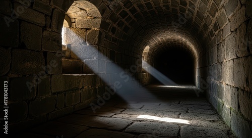 Historic stone tunnel with sunlight streaming through arched windows