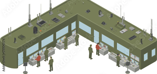 Isometric military control room with officers monitoring radar and communication systems, army command center technology illustration, defense operations management concept