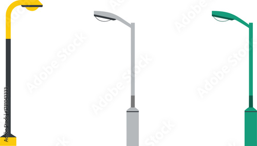 Minimalist vector illustration of three modern street lamps in yellow, gray, and green color, isolated on light background, urban design