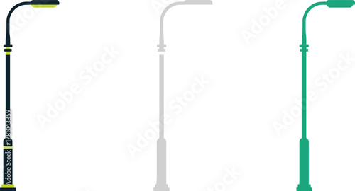 Minimalist vector illustration of three modern street lamps in yellow, gray, and green color, isolated on light background, urban design