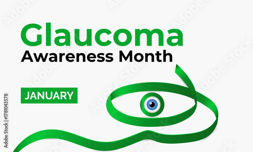 Promote eye health with this green ribbon design for Glaucoma Awareness Month in January. Ideal for medical campaigns, health posters, and vision care awareness projects. Banner poster background.