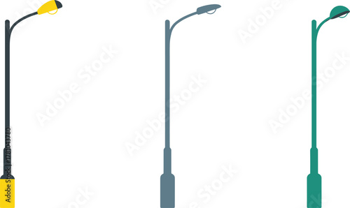Minimalist vector illustration of three modern street lamps in yellow, gray, and green color, isolated on light background, urban design