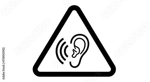 Triangular Hearing Warning Sign on Transparent Background, Black and White Ear with Sound Waves Icon, Audio Alert or Noise Hazard Symbol, Equilateral Triangle Sound Awareness Graphic, Isolated Hearing