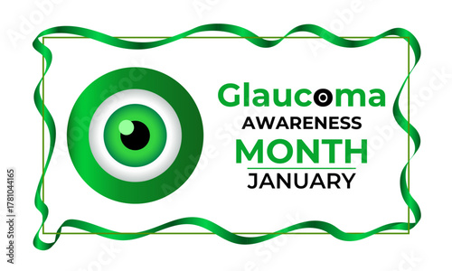 Promote eye health with this green ribbon design for Glaucoma Awareness Month in January. Ideal for medical campaigns, health posters, and vision care awareness projects. Banner poster background.