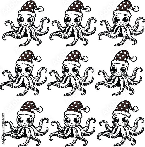 Nine Cartoon Octopuses Wearing Santa Hats – Cute Christmas Sea Creatures on White Background