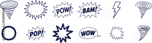 Hand drawn comic speech bubbles and elements isolated on transparent background set of cartoon explosion shapes with different emotions and sound effects, tornado and lightning