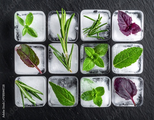 Twelve ice cubes containing fresh herbs like mint rosemary and basil leaves on dark stone