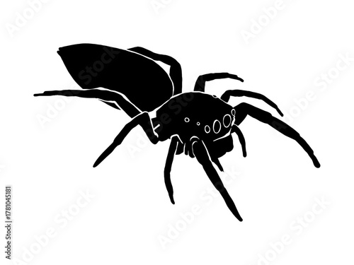 Vector silhouette of a black and white spider illustration on a white background.