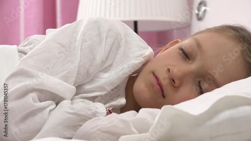 Sleeping Child Face in Bed, Sad Girl Portrait, Kid Resting in Bedroom at Home