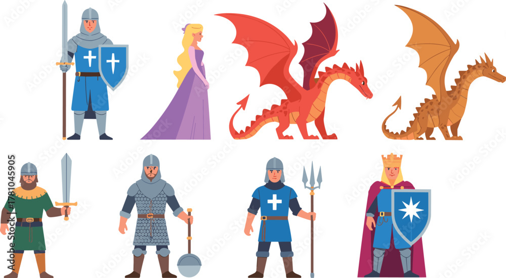 Naklejka premium Set of medieval fantasy characters with knights, princess, and dragons, cartoon illustration collection for role playing game and storytelling design