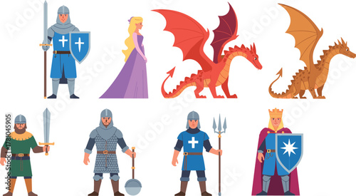 Set of medieval fantasy characters with knights, princess, and dragons, cartoon illustration collection for role playing game and storytelling design