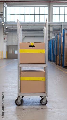 Modern logistics cart transporting cardboard boxes in bright warehouse facility