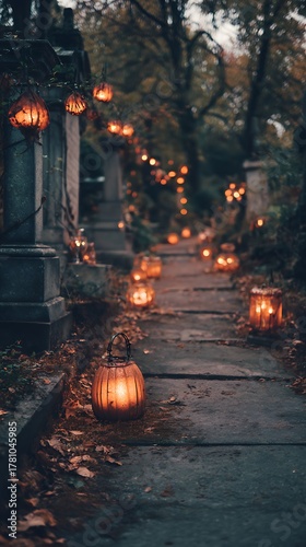 Spooky Cemetery Path Illuminated by Glowing Pumpkin Lanterns and Bokeh Lights