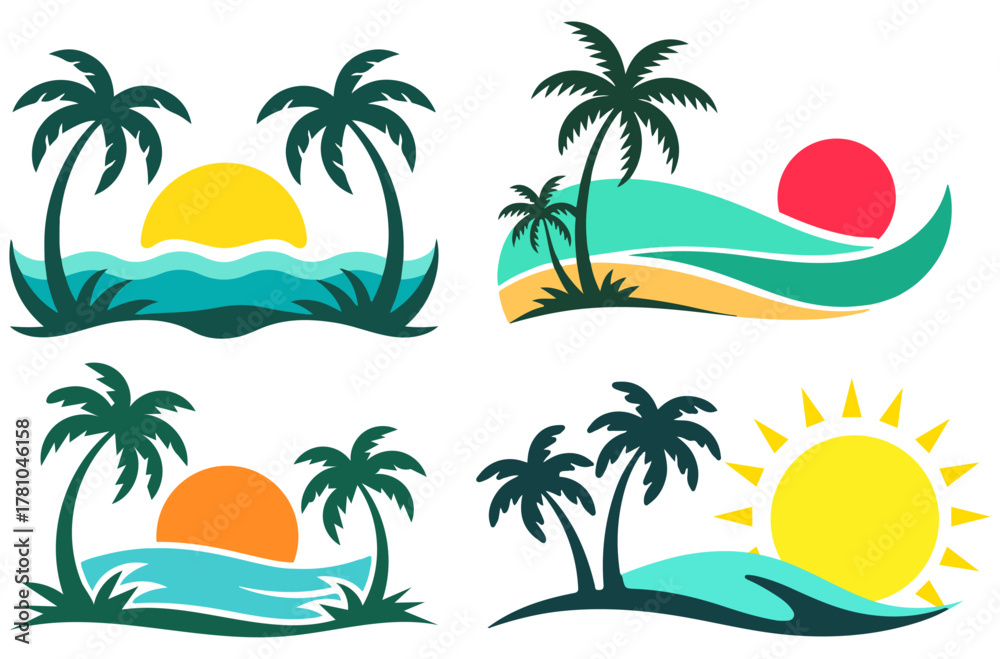 Obraz premium Summer tropical sea beach and sunset and sunsets sea waves, island icons vector set, palm, beach, tropical, island, vacation, sunset, travel, ocean, landscape, sun, sea, tree, palms, wave.