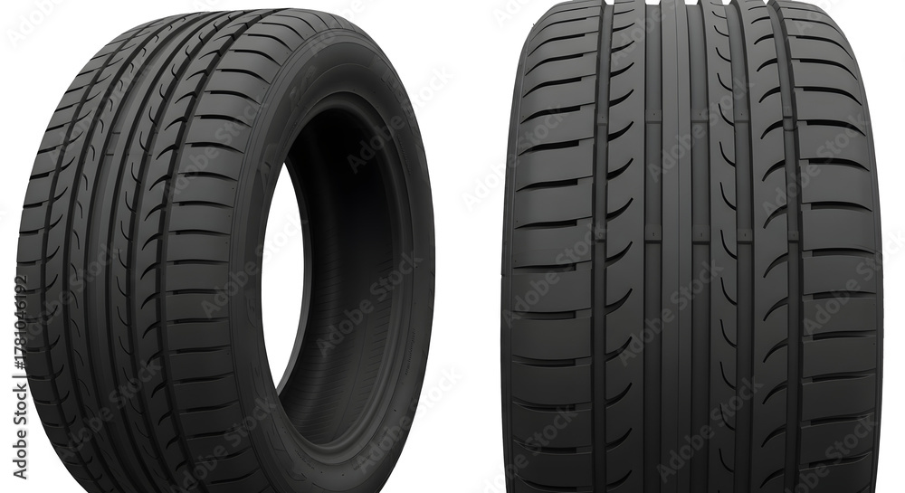 Naklejka premium Black Rubber Tires, High-Performance Tread Tires, Low-Profile Car Tires, Front and Side Tire Views, Detailed Tire Tread Design