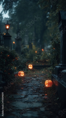 Eerie Halloween Pumpkins Glowing on a Dark Graveyard Path Vertical Background