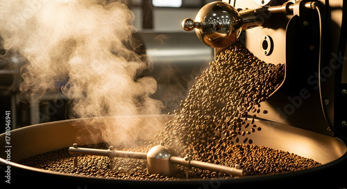 Freshly roasted coffee beans falling from industrial roaster with smoke and warm lighting.