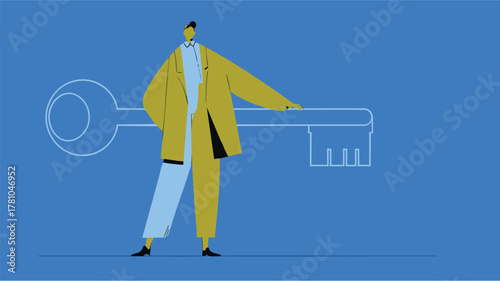 Business person holding large key – modern flat vector illustration symbolizing success, opportunity, and access