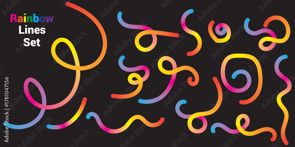 Fototapeta premium Abstract Color Line Shapes Pattern on Black Background. 3D Wave Shapes with Gradient. Vector Squiggle Graphic Element. Fun Rainbow Colored Wavy Ribbons