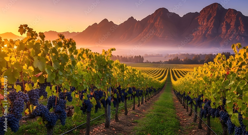 Naklejka premium Sunrise over a beautiful vineyard with mountains in the background.