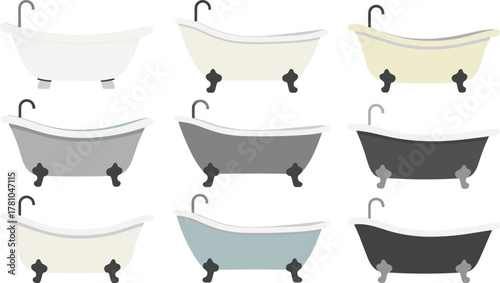 Set of vintage clawfoot bathtubs in different colors, minimalist vector illustration, bathroom interior design collection isolated on white background