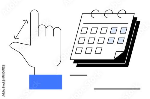Hand making a gesturing motion next to a calendar with highlighted dates. Ideal for scheduling, time management, productivity, planning, user interaction, gestures, simple flat metaphor