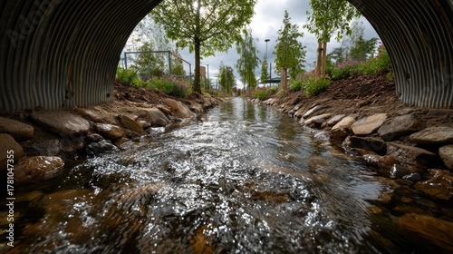 Fototapeta Naklejka Na Ścianę i Meble -  Stream Flowing under Metal Tunnel in Urban Park