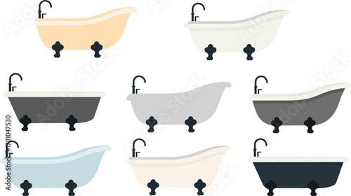 Set of vintage clawfoot bathtubs in different colors, minimalist vector illustration, bathroom interior design collection isolated on white background