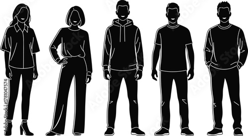 Business casual silhouettes, diverse people standing, modern streetwear outfits, male female characters, vector illustration set, faceless figures, monochrome style, hoodie tee sweater.