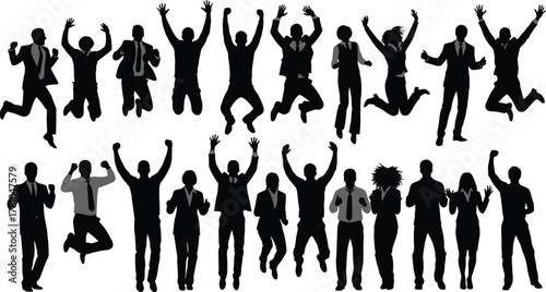 Business celebration silhouettes, diverse corporate team jumping and cheering, success concept, happy office people, vector set, energetic group, motivation, achievement.